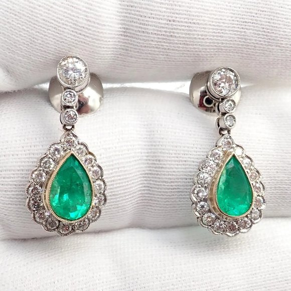Vintage Estate Platinum Diamond Emerald Earrings Necklace Set - Picture 9 of 11